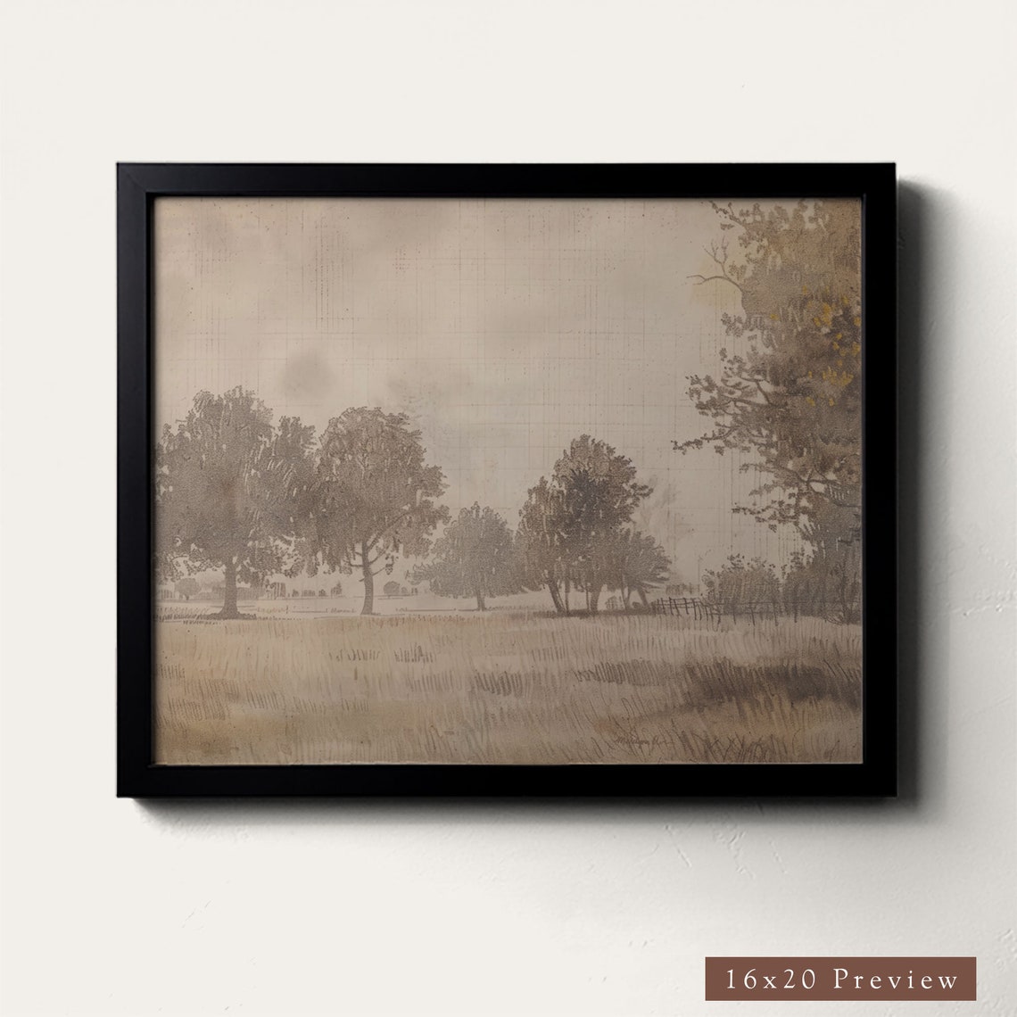 Autumn Fields Tree Row Sepia Sketch Drawing Vintage Art Poster - Image 3