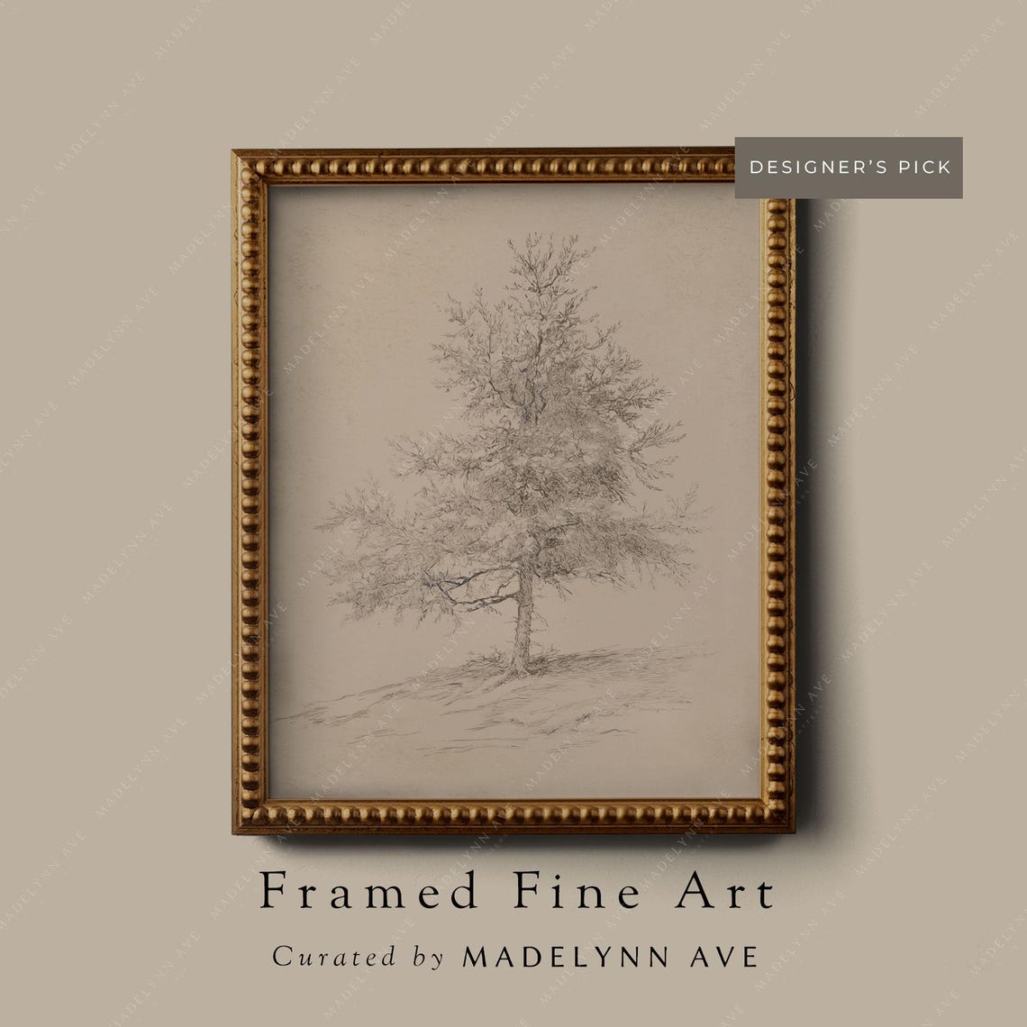 Pine Tree Sketch Gicle Art Print Framed Unframed Vertical Neutral Christmas Wall Art Moody Subtle Vintage Style Winter Holiday Decor
