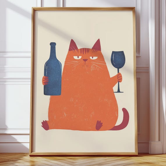 Funny Scandinavian Wall Art Orange Retro Cat Picture Humorous Poster Of A With Wine Living Room Decor Simple