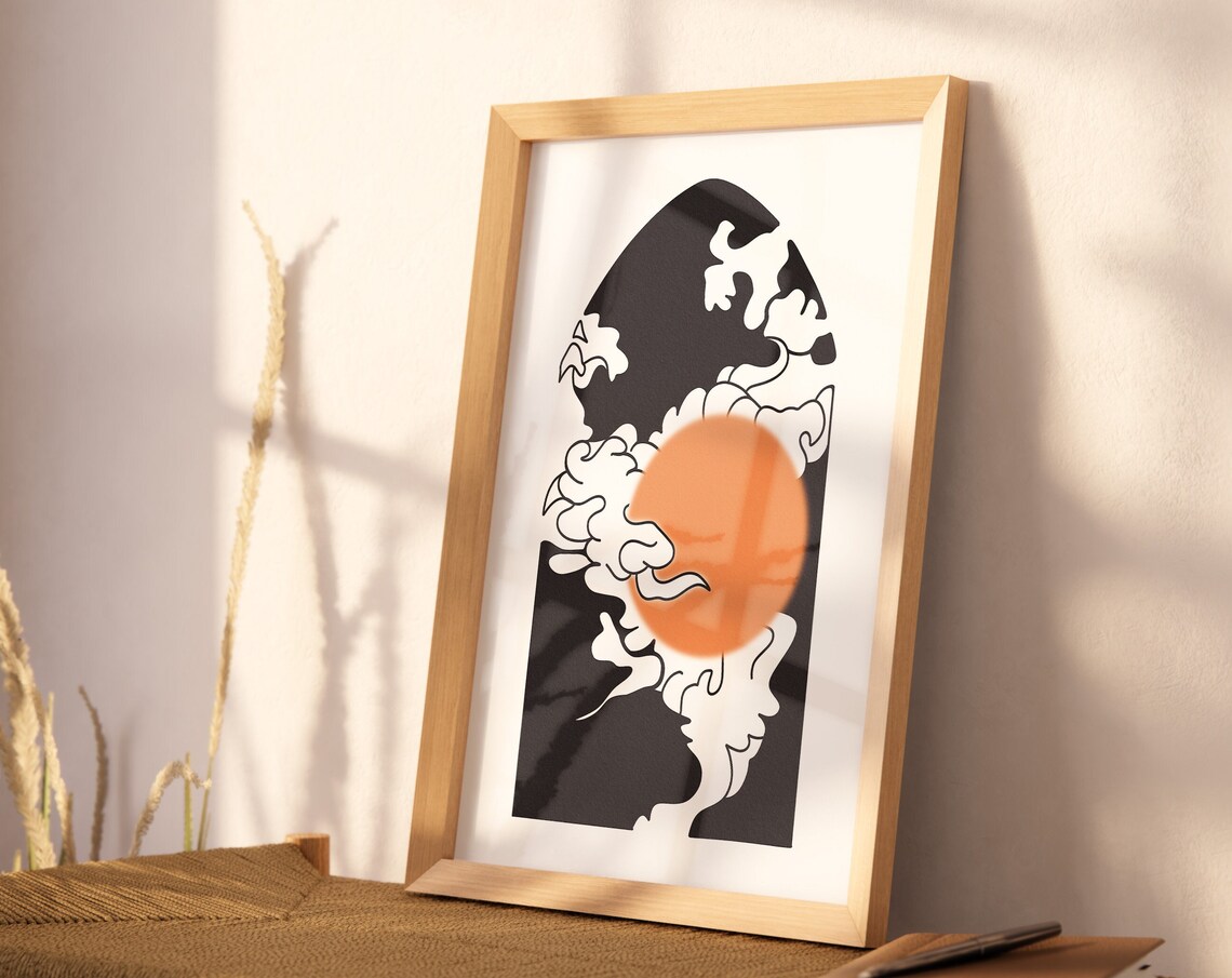 Black Orange Sun Abstract Japanese Wave Minimalist Art Poster