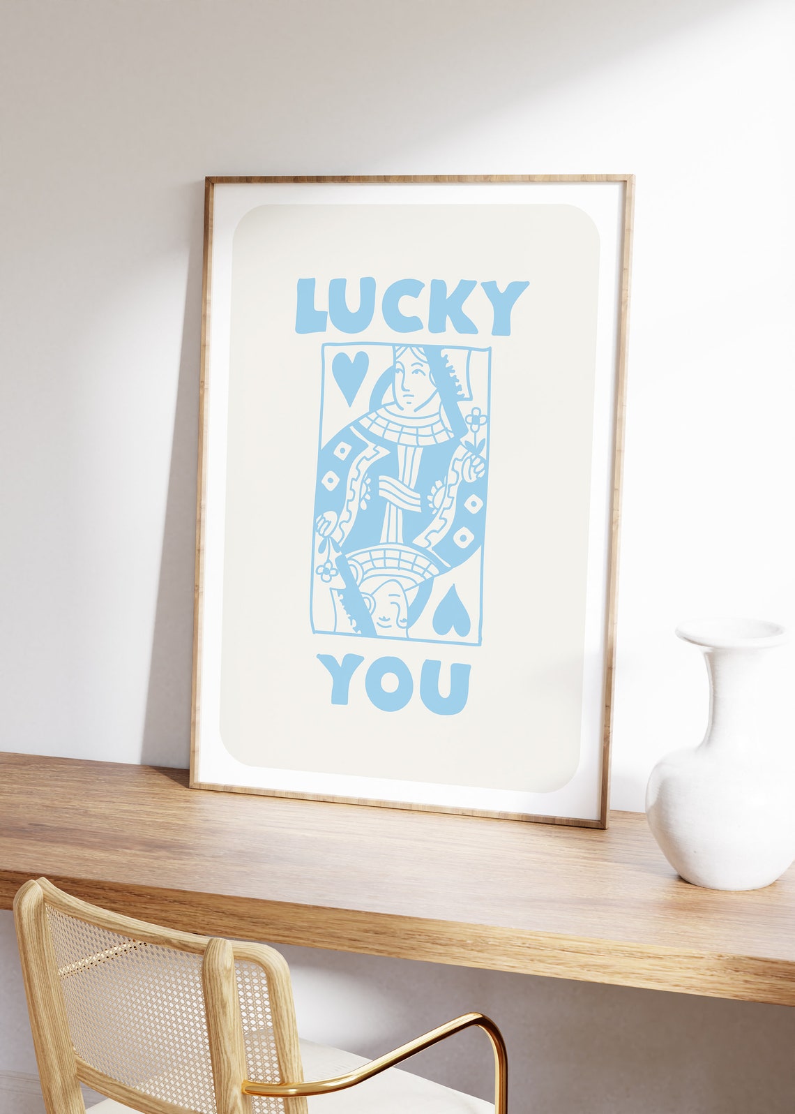 Lucky You Blue Queen Of Hearts Retro Playing Card Decor Poster - Image 2