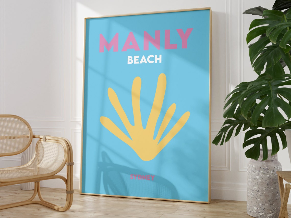 Manly Beach Sydney Blue Yellow Seashell Minimalist Travel Poster
