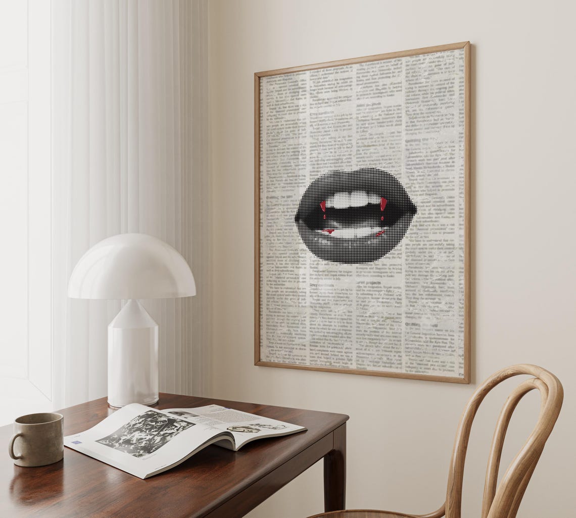 Vampire Teeth Bloody Fangs Halftone Lips Newspaper Horror Art Poster - Image 2