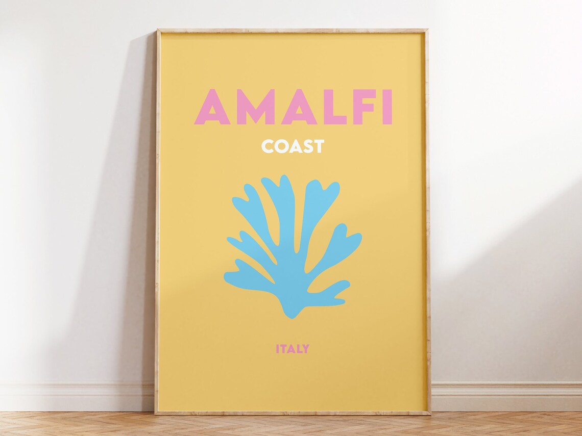 Amalfi Coast Italy Minimalist Yellow Blue Coral Travel Poster - Image 2