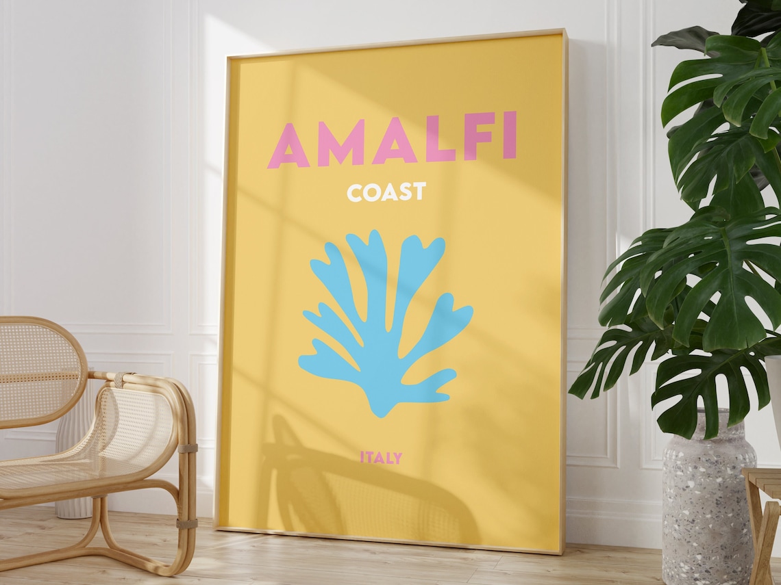 Amalfi Coast Italy Minimalist Yellow Blue Coral Travel Poster - Image 3