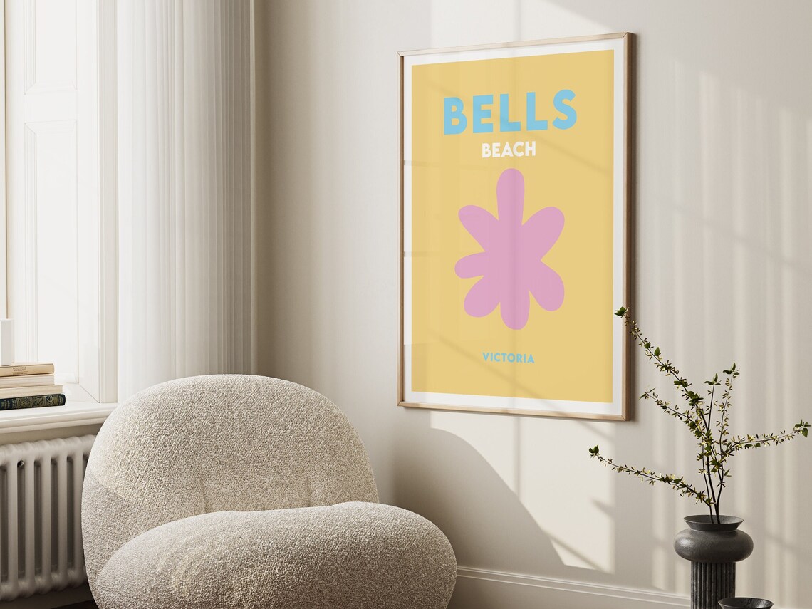 Bells Beach Victoria Yellow Pink Flower Minimalist Travel Poster - Image 2