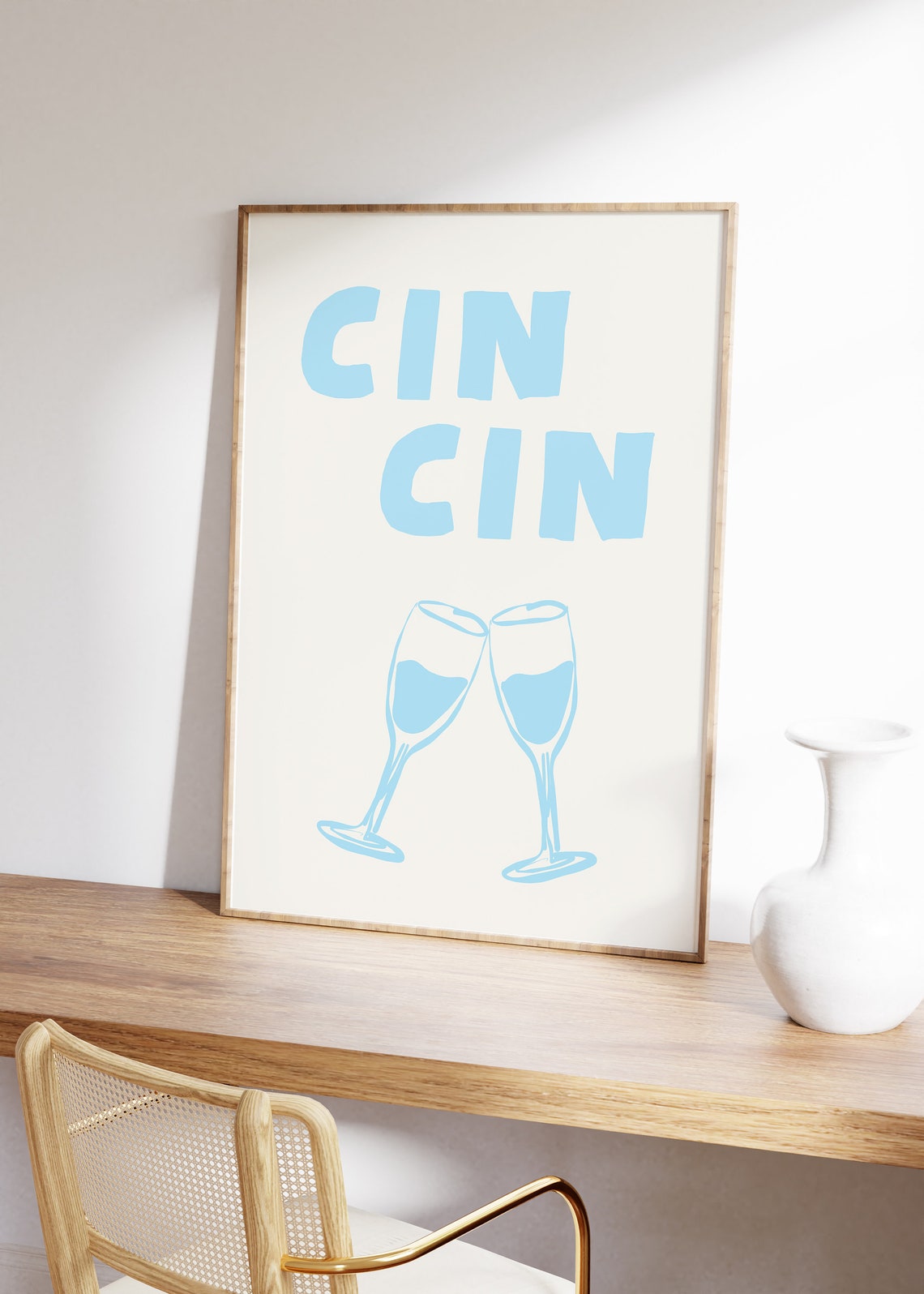 Cin Cin Light Blue Champagne Toast Minimalist Kitchen Poster - Image 3