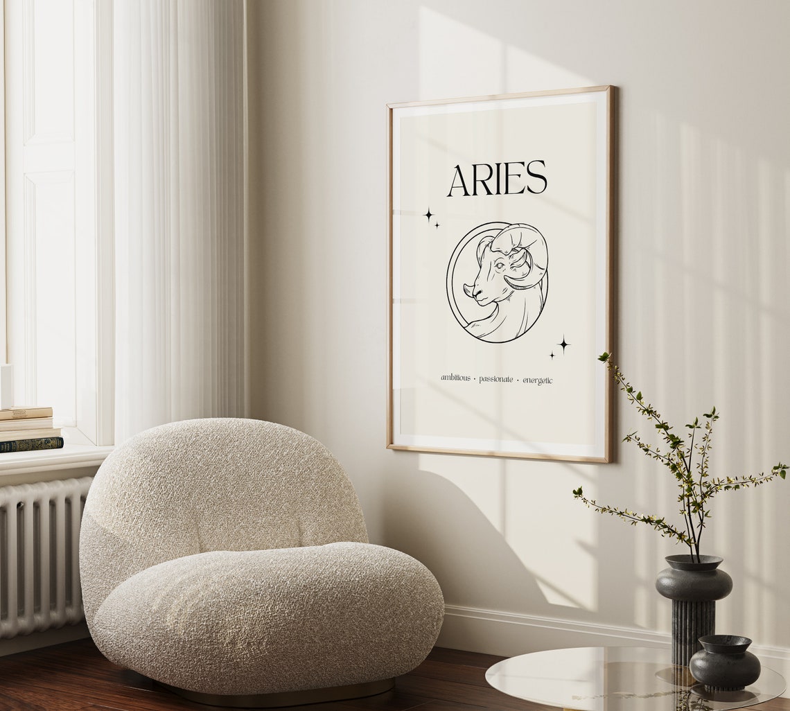 Aries Zodiac Sign Minimalist Ram Circle Line Art Cream Poster - Image 2
