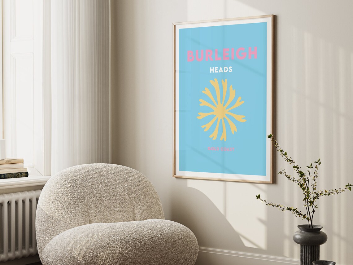 Burleigh Heads Gold Coast Blue Yellow Sunburst Travel Poster - Image 2