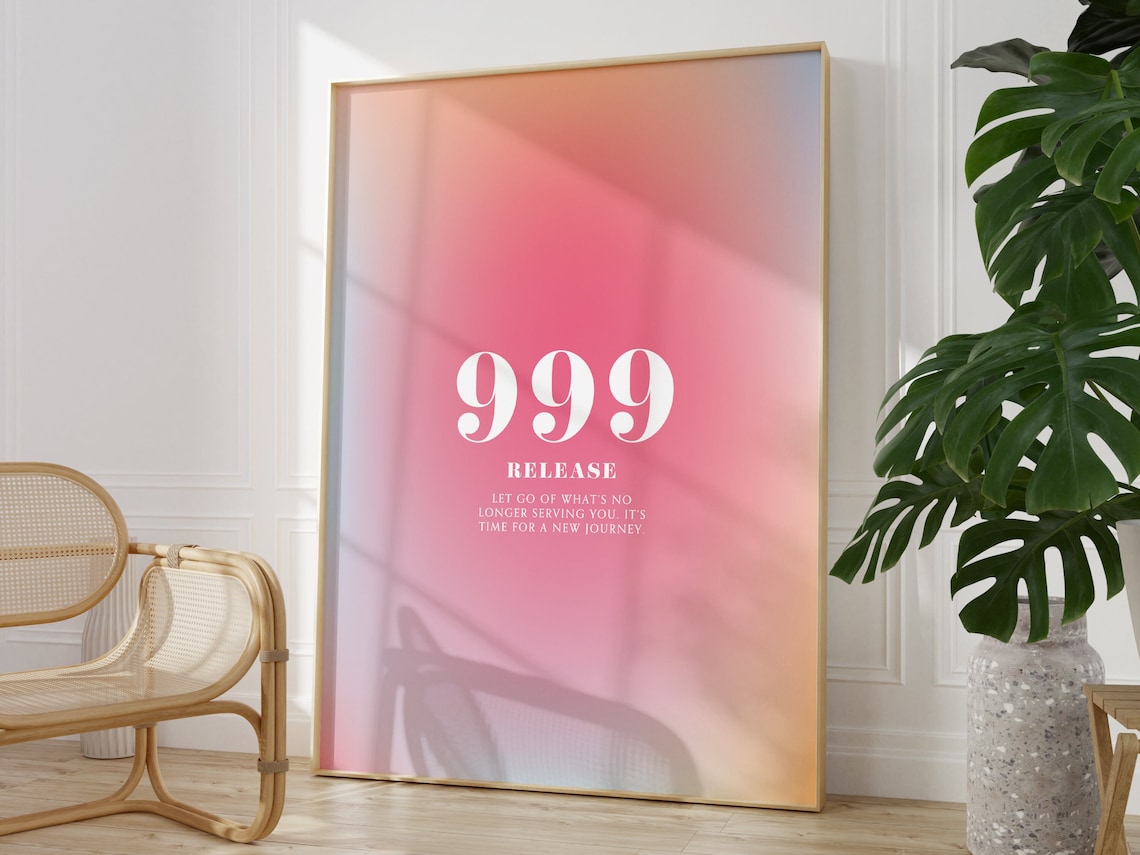 Angel Number 999 Release Pink Orange Aura Gradient Design Poster - Image 3