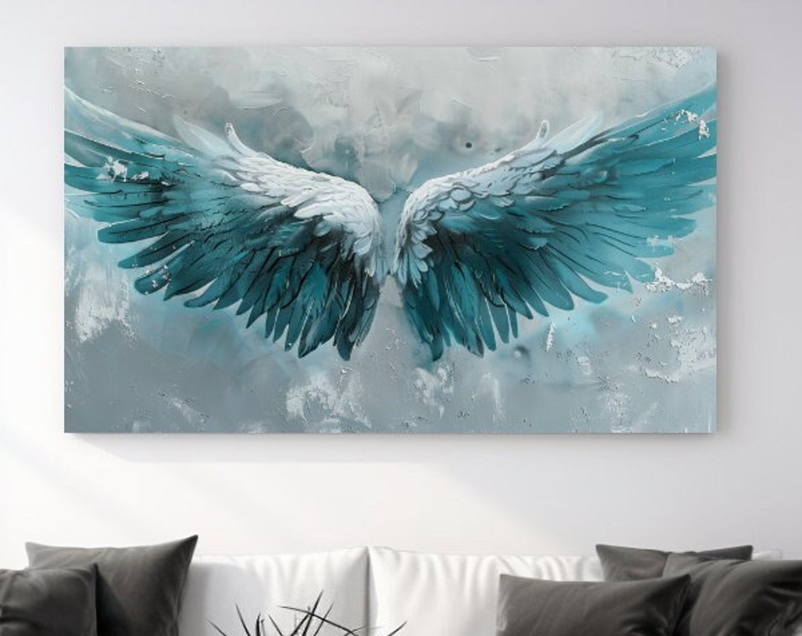Teal Blue Angel Wings Watercolor Feathered Heavenly Wall Art Decor