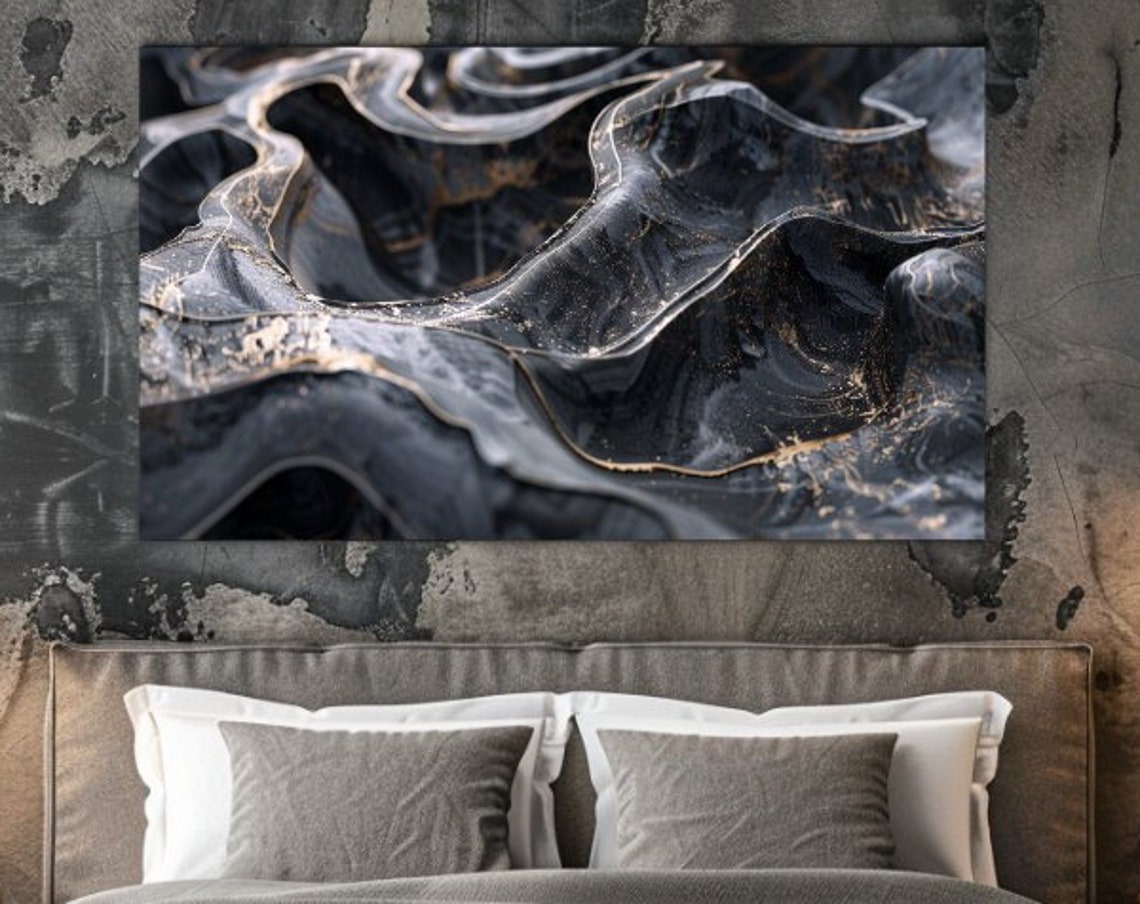 Black Gold Swirling Smoke Stone Waves Dark Luxury Abstract Art Poster