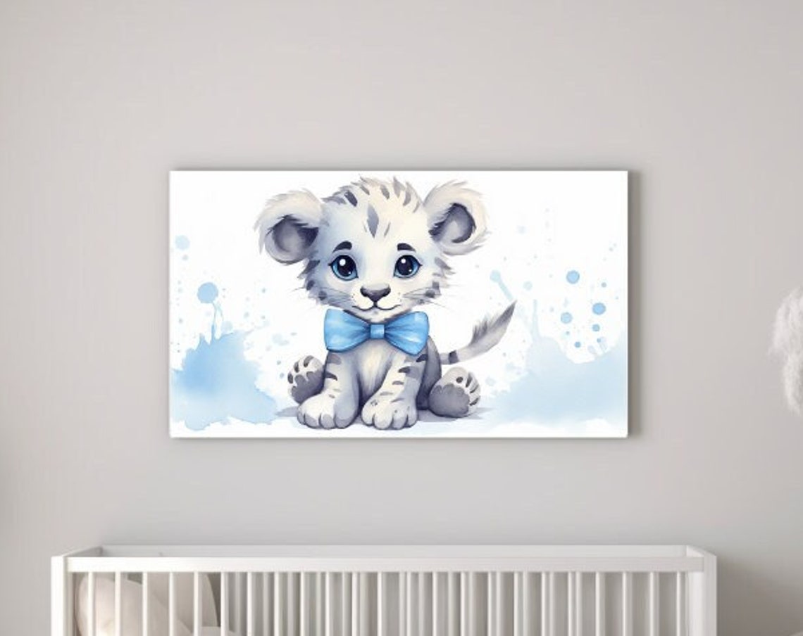 Cute Baby Lion Cub with Blue Bow Tie Watercolor Nursery Poster