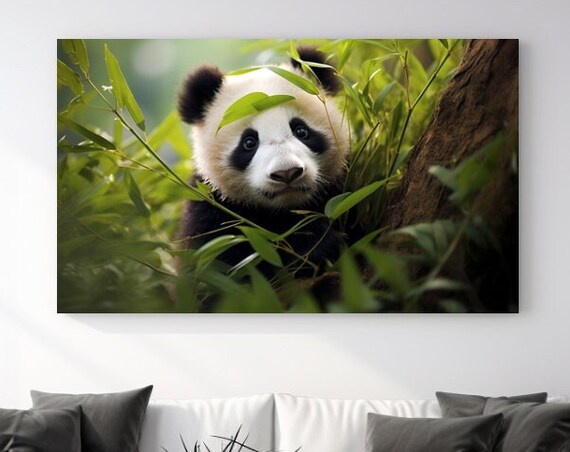 Baby Giant Panda Cub Peeking Through Green Bamboo Leaves Poster