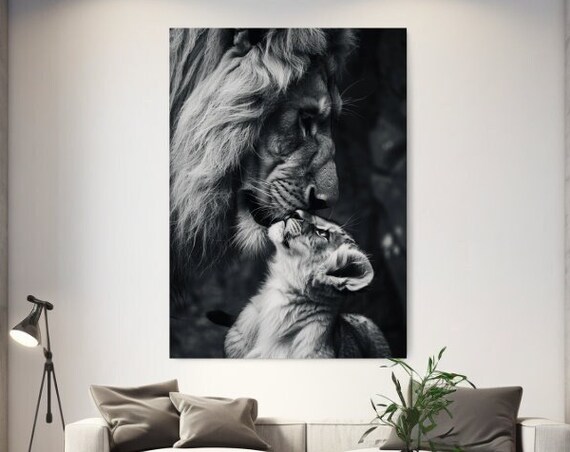 Lion Nuzzling Cub Tender Black White Wildlife Animal Portrait Photo Poster