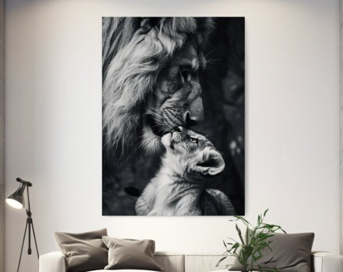 Lion Nuzzling Cub Tender Black White Wildlife Animal Portrait Photo Poster