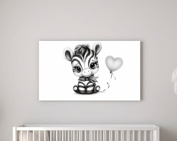 Baby Zebra with White Heart Balloon Black White Nursery Poster