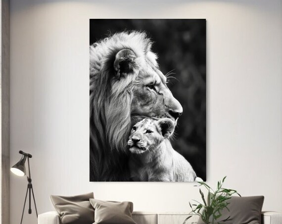 Lion and Cub Tender Black White Wildlife Animal Portrait Photo Poster