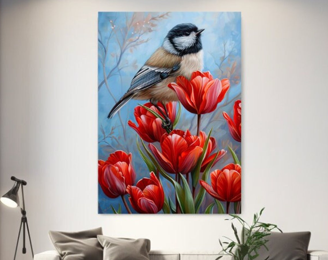 Chickadee Bird Red Tulips Spring Painterly Perched Songbird Art Poster