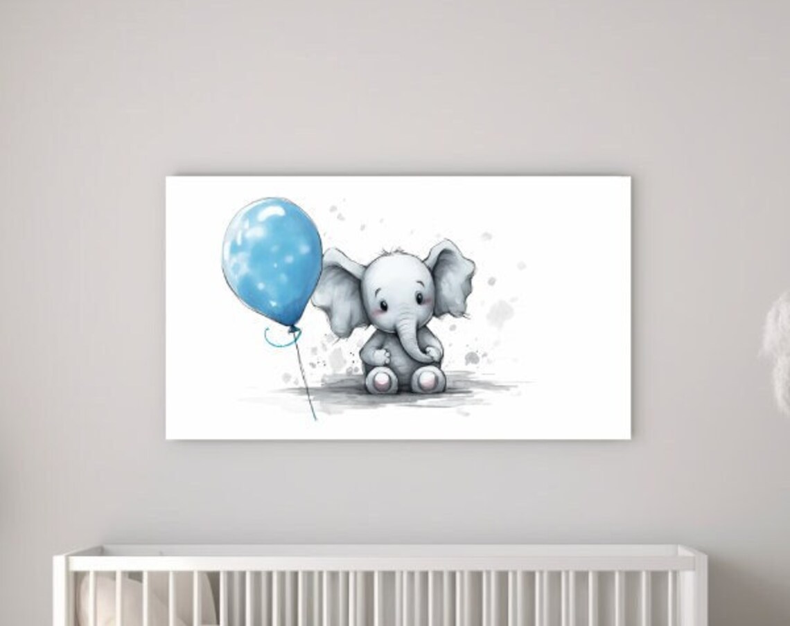 Baby Elephant with Blue Balloon Watercolor Nursery Room Poster