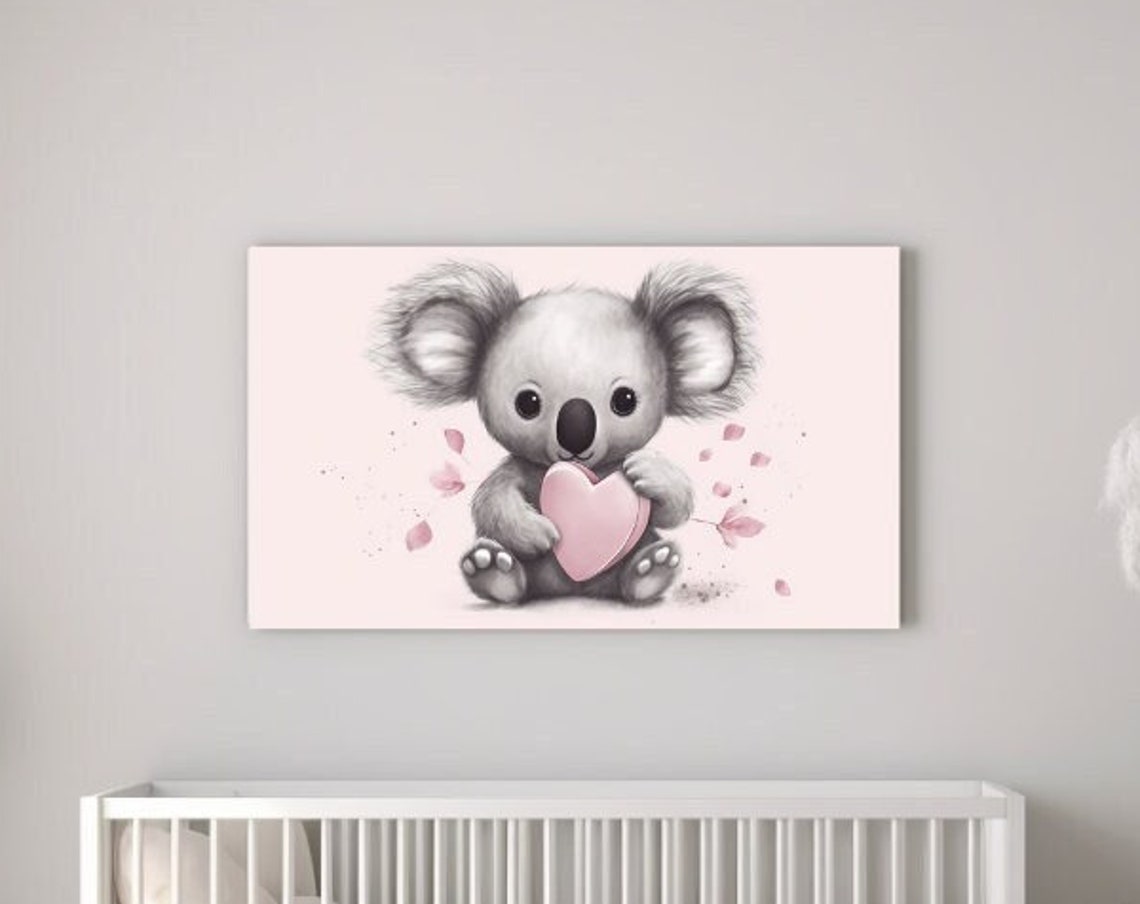 Baby Koala Holding Pink Heart Nursery Decor Cute Animal Wall Poster