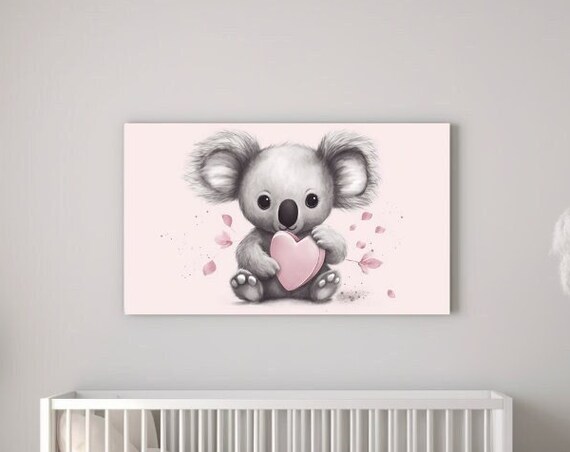 Baby Koala Holding Pink Heart Nursery Decor Cute Animal Wall Poster