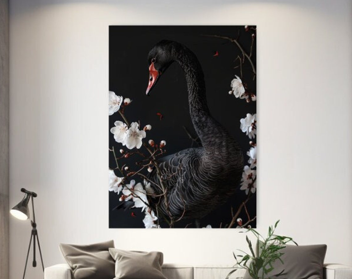 Black Swan With Red Beak Among White Blossoms Dark Elegant Bird Poster