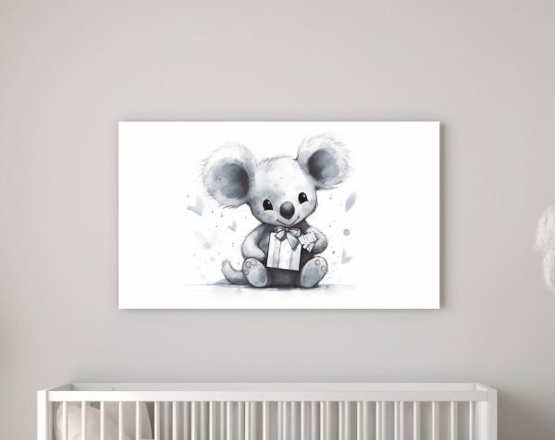 Baby Koala Holding Gift Watercolor Nursery Decor Cute Animal Wall Art