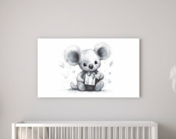 Baby Koala Holding Gift Watercolor Nursery Decor Cute Animal Wall Art