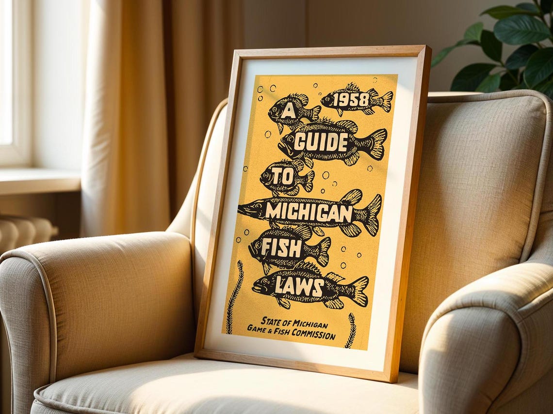 Michigan Fish Laws 1958 Vintage Guide Gold Angler Print Poster - Image 2