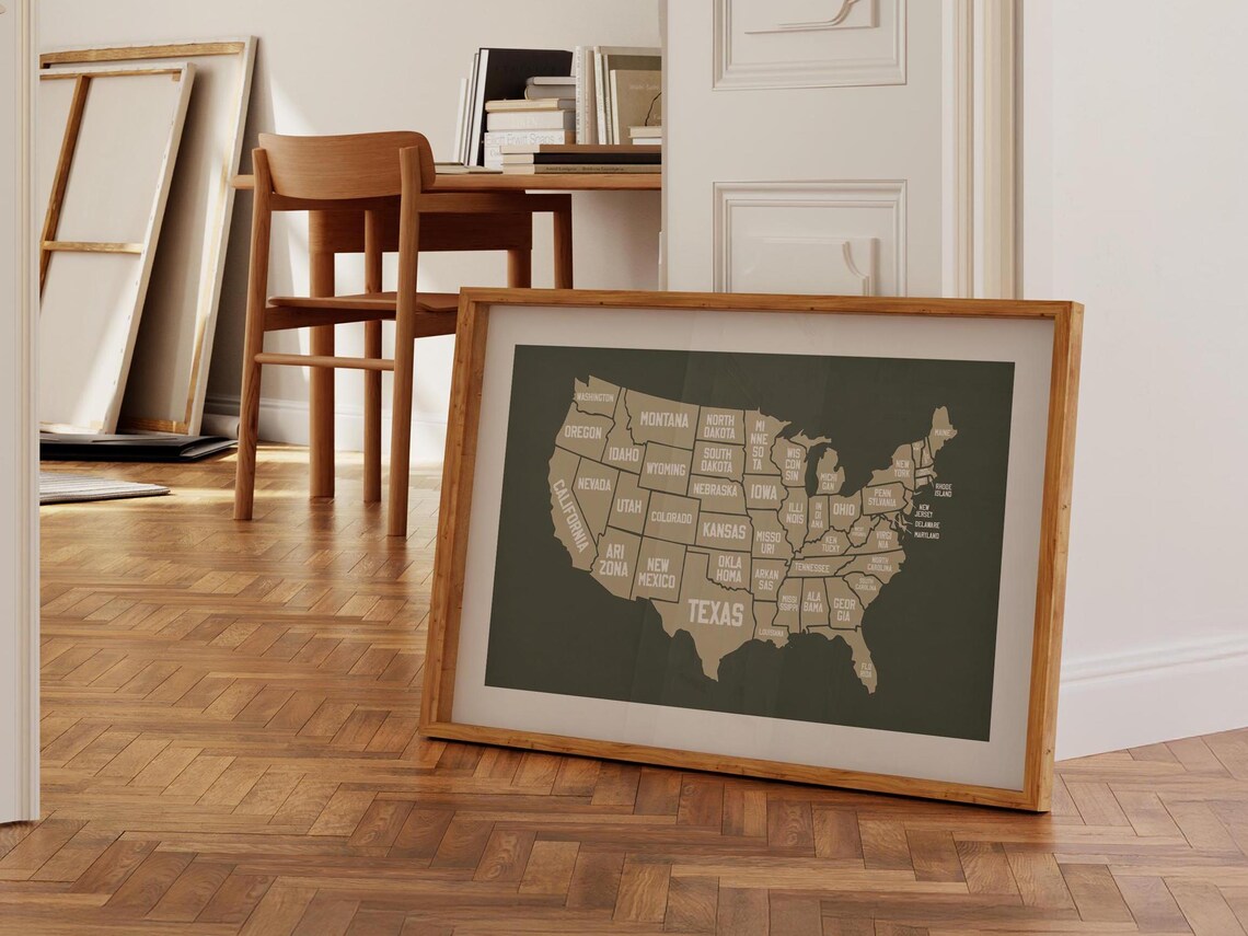 United States Map Vintage Dark Green Tan Travel Office Wall Poster - Image 2