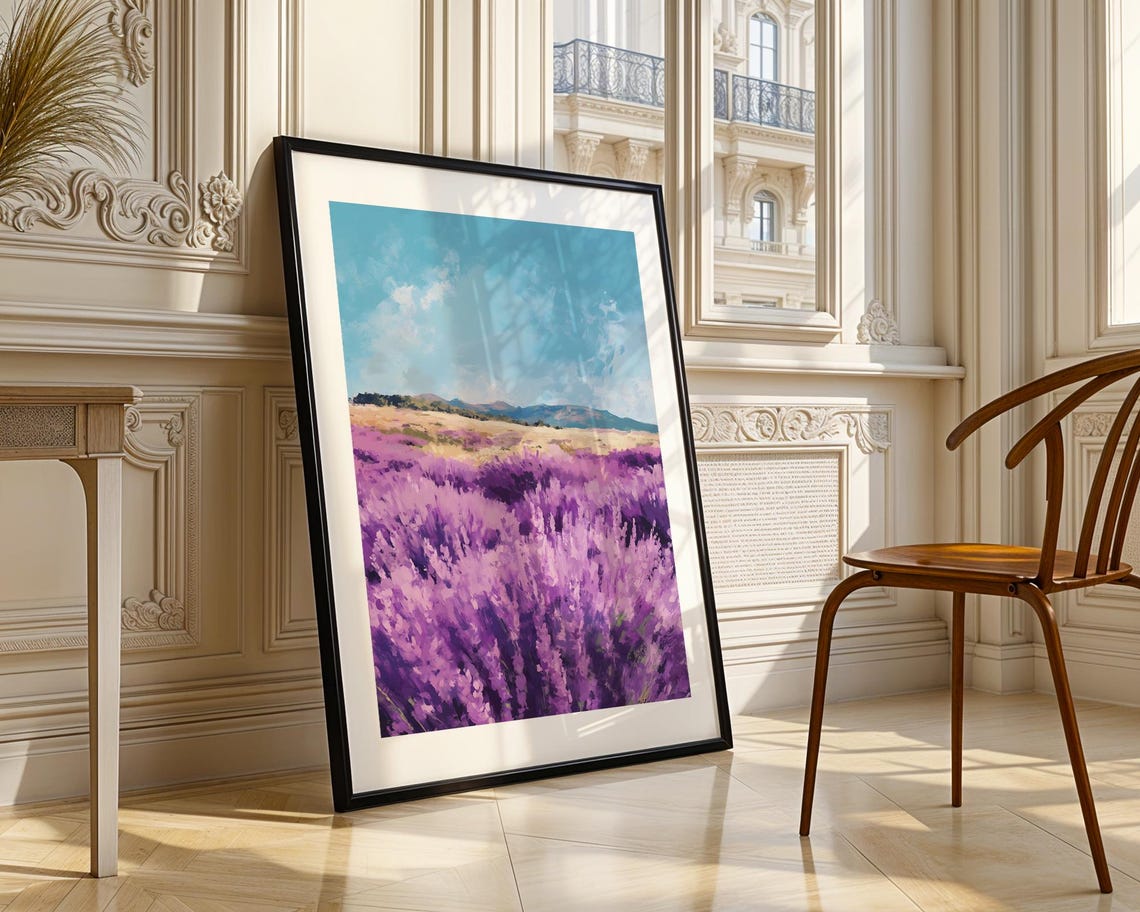 Purple Lavender Field Stretching Under Bright Blue Summer Sky Poster