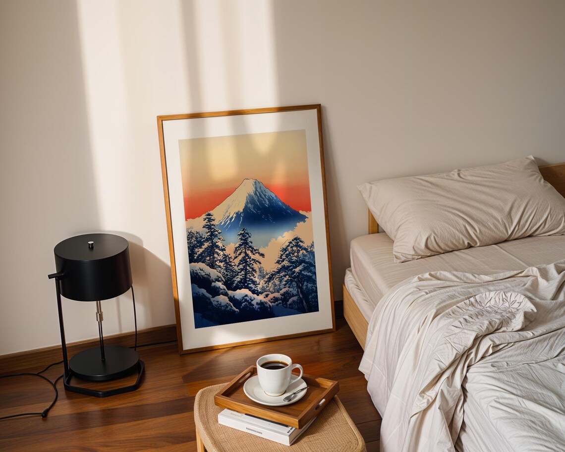 Snowy Mount Fuji Winter Red Sky Japanese Woodblock Art Poster - Image 2