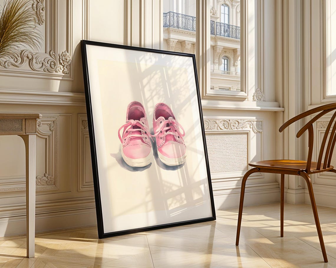 Pink Baby Sneakers On Cream Background Soft Nursery Style Poster