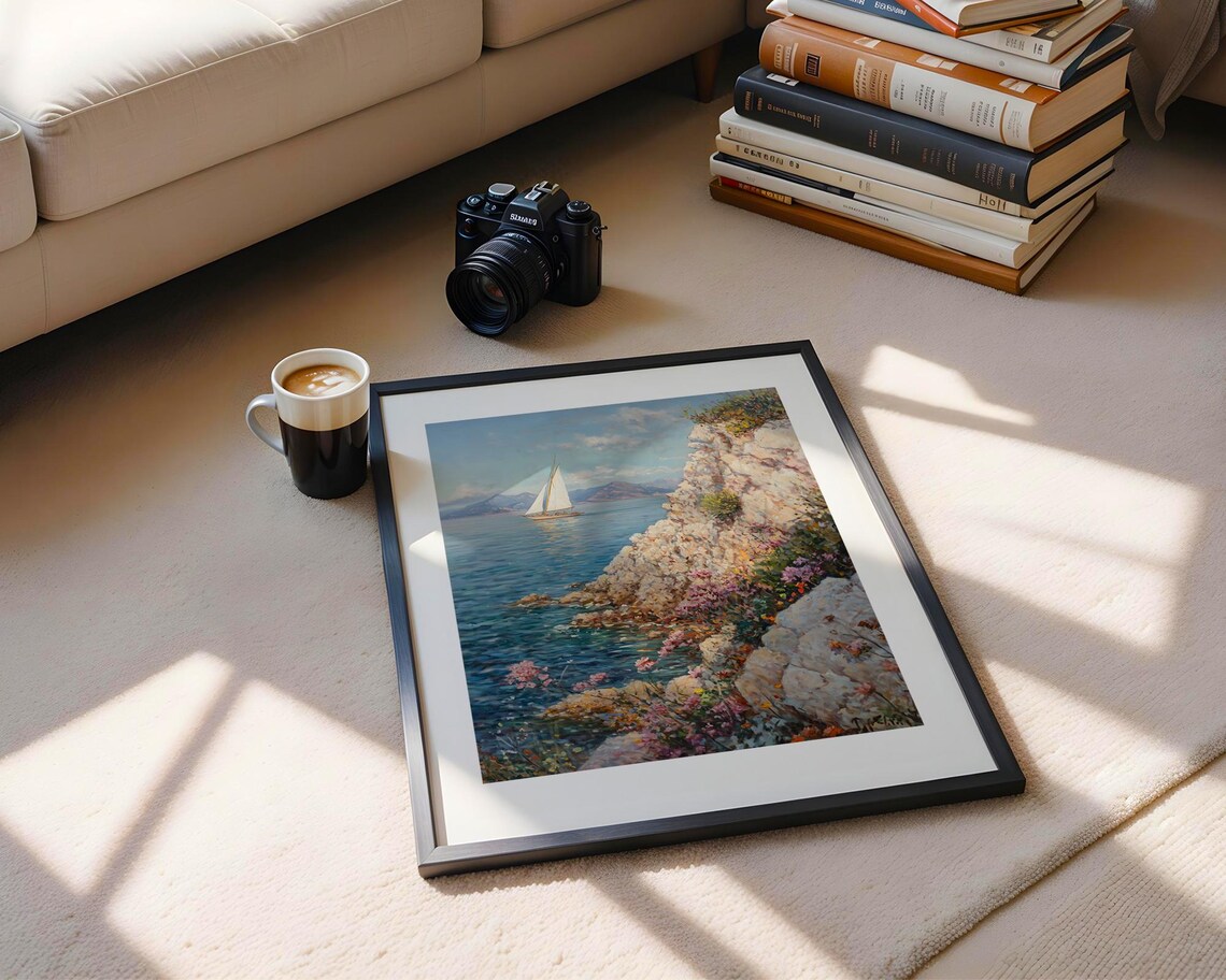 Sailboat by Rocky Flowered Coast Impressionist Oil Painting Poster - Image 5