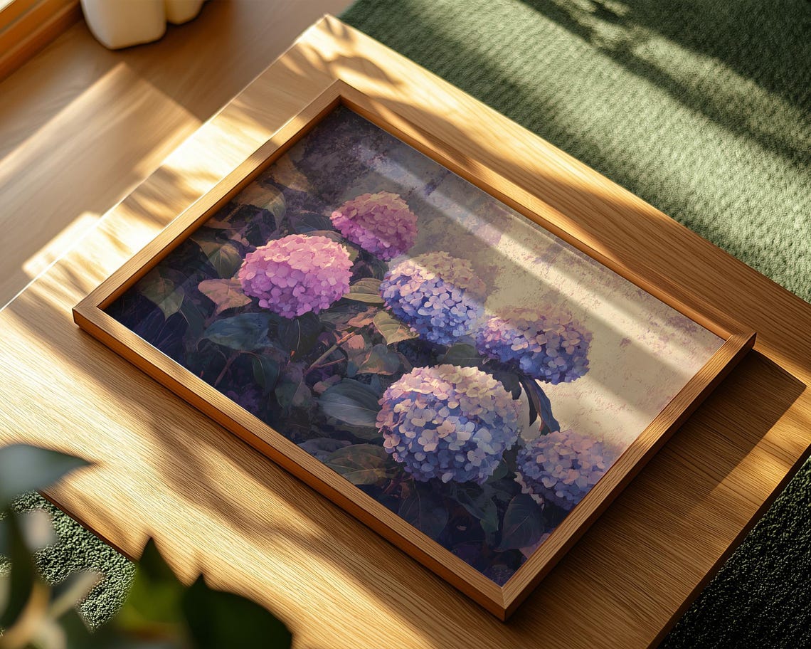Pink Blue Hydrangea Blooms Summer Garden Flower Oil Painting Poster - Image 2