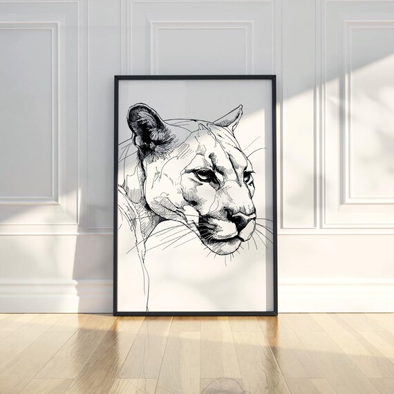 Panther Ink Sketch Line Art Simple Animal Illustration Drawing Trendy Poster Wall Print Modern Home Decor