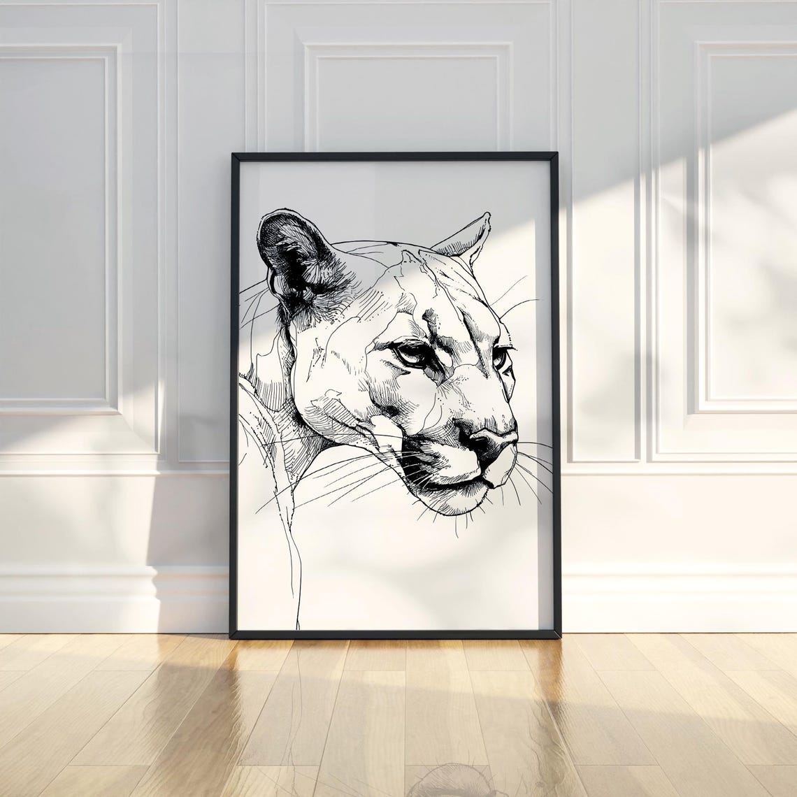 Panther Head Black Ink Sketch Big Cat Wildlife Illustration Poster