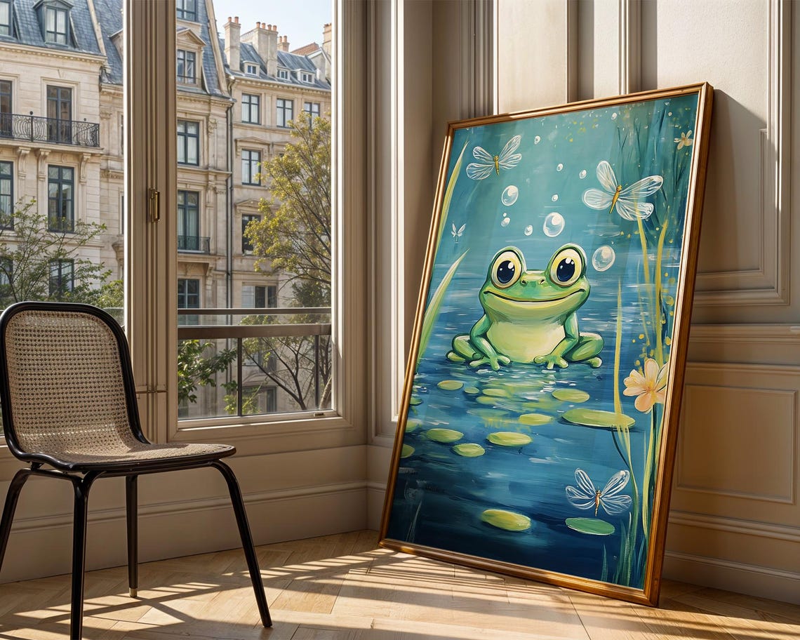 Cute Frog Lily Pad Pond Dragonflies Art Print Trendy Wall Room Decor Prints Poster Gift - Image 3