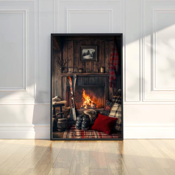 Cozy Ski Lodge Fireplace Scene Wall Art Rustic Cabin Winter Poster Living Room Office Decor Chalet Style
