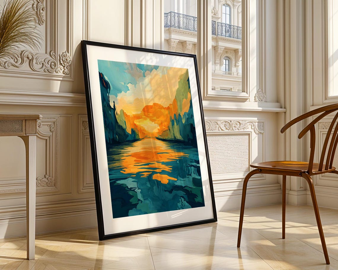 Abstract Sunset River Teal and Orange Impressionist Art Poster - Image 5