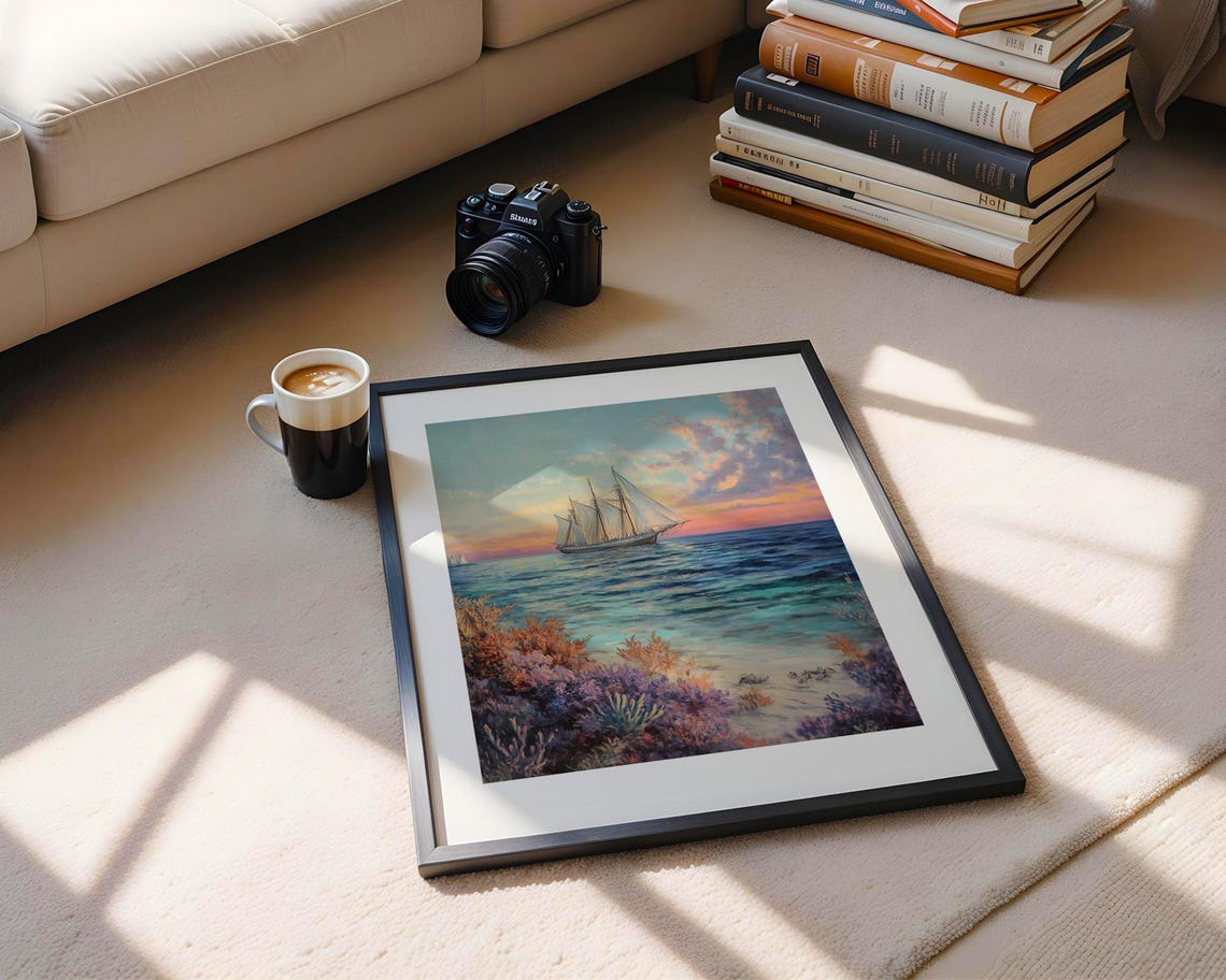 Tall Sailing Ship at Sunset Ocean Painting Poster for Nautical Decor - Image 5