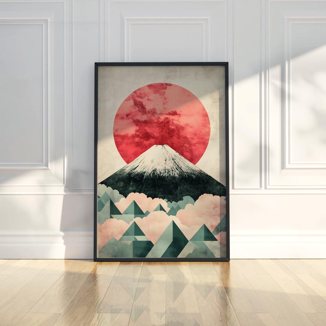 Mount Fuji Under Giant Red Sun Modern Geometric Japanese Poster