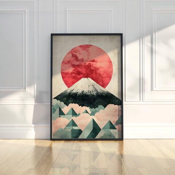 Modern Mount Fuji Wall Art Print Japanese Landscape Red Sun Geometric Abstract Fine Decor Gift For Home