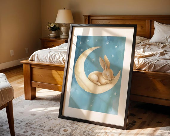 Sleeping Bunny On Moon Nursery Wall Art Print Animal Illustration Poster Soothing Baby Kids Home Room Decor Gift