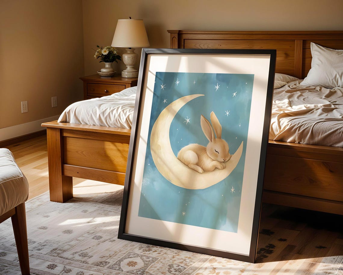 Sweet Sleeping Bunny Curled on Crescent Moon Starry Night Poster