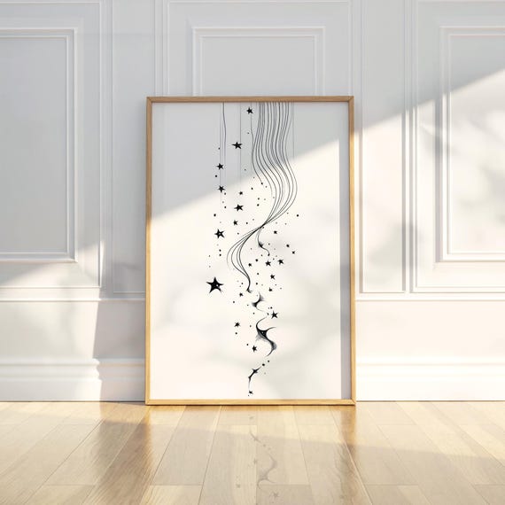 Minimalist Star Design Line Art Drawing Pencil Sketch Print Wall Poster Modern Celestial Home Decor