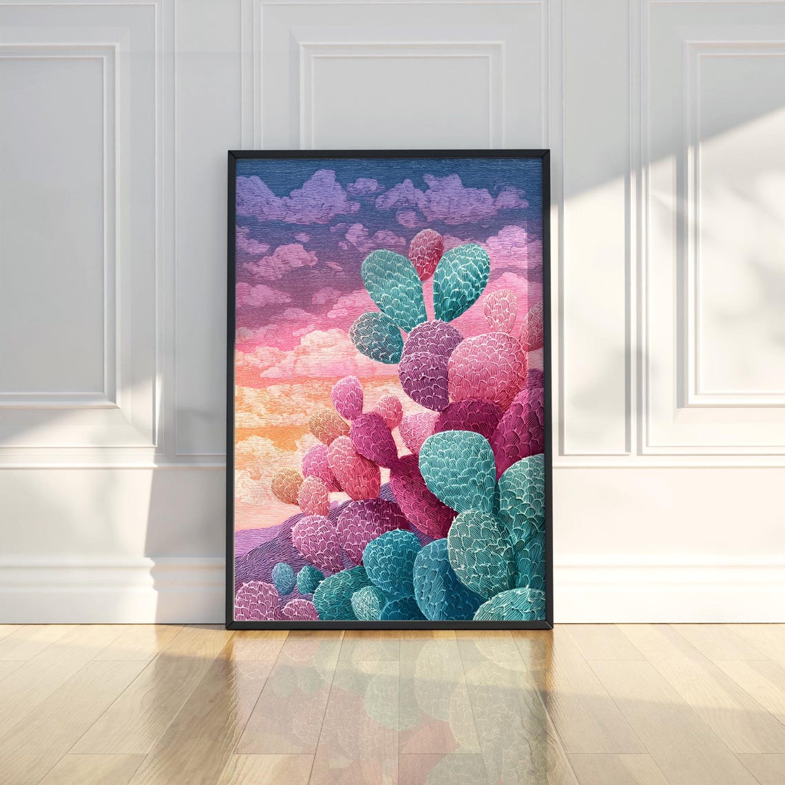 Colorful Prickly Pear Cactus Sunset Pointillism Desert Poster