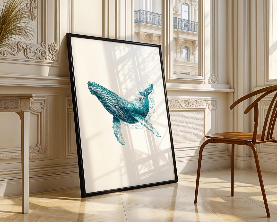 Humpback Whale Teal Ink Illustration Ocean Sea Animal Artwork Poster - Image 4