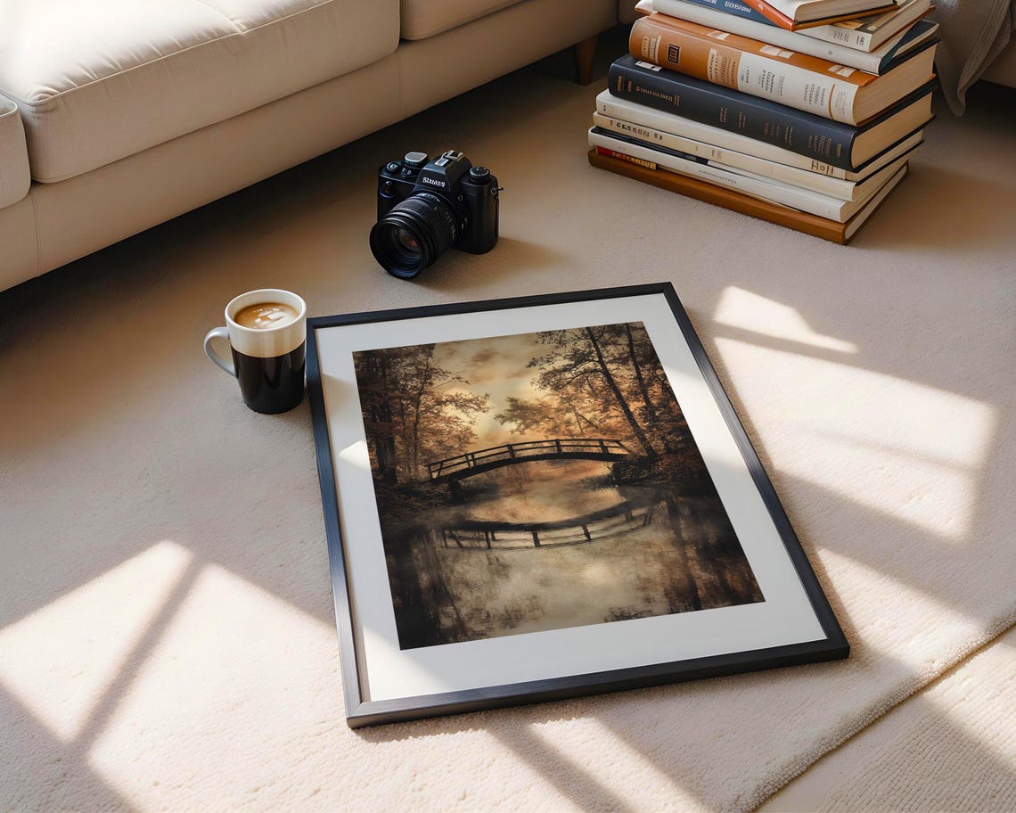 Moody Autumn Bridge Forest Lake Reflection Vintage Art Poster - Image 5
